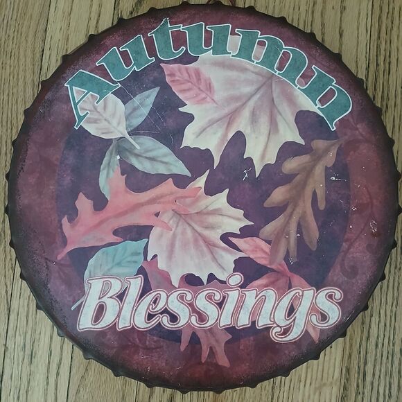 Autum Blessings 13" Metal Tin Bottle Cap Holiday Rustic Farmhouse Wall Sign - Picture 4 of 6